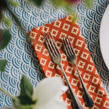 Load image into Gallery viewer, Close up of Catherine block print tablecloth with Marin block print napkin