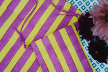 Load image into Gallery viewer, pink and yellow striped William block print bag with matching drawstring pouch