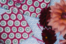 Load image into Gallery viewer, close up of pink Arthus block print bag drawstring pouch