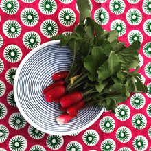 Load image into Gallery viewer, Indian block print close up of Valentine napkin with plate of radishes 
