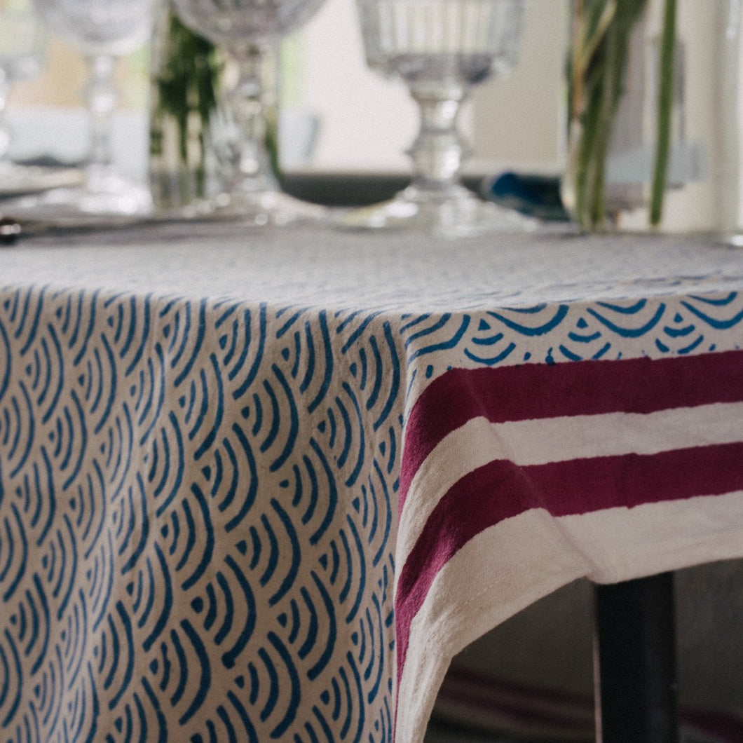 Close up of the Catherine block print tablecloth 