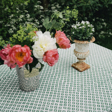 Load image into Gallery viewer, Green pietronella Indian block print tablecloth in outdoor setting
