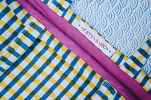 Load image into Gallery viewer, bertie block print bag with blue and yellow gingham and pink lining
