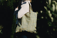 Load image into Gallery viewer, bertie block print bag with blue and yellow gingham on girl&#39;s shoulder
